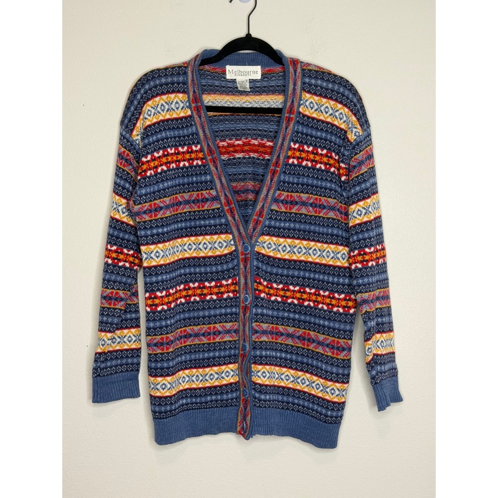 Melbourne Elements Vintage Fair Isle Cardigan Sweater Blue Multi Ramie Cotton M